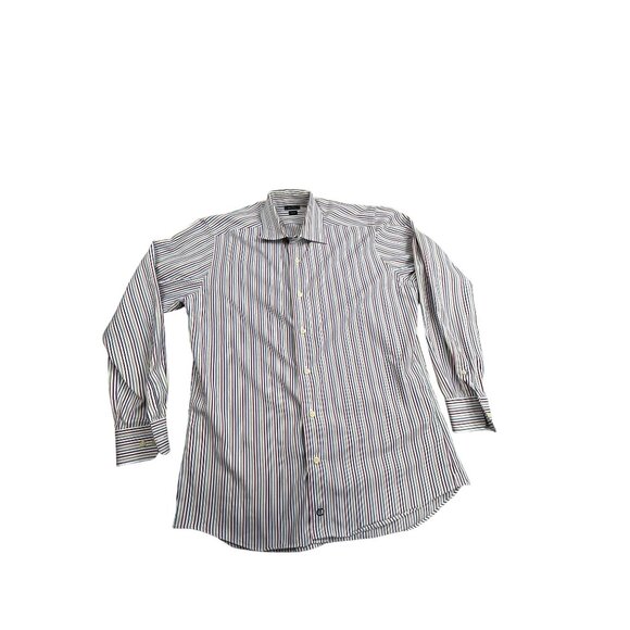 David Donahue Men SZ 16 Trim Fit Medium Striped Button-Up Dress Shirt Multicolor - Picture 1 of 11